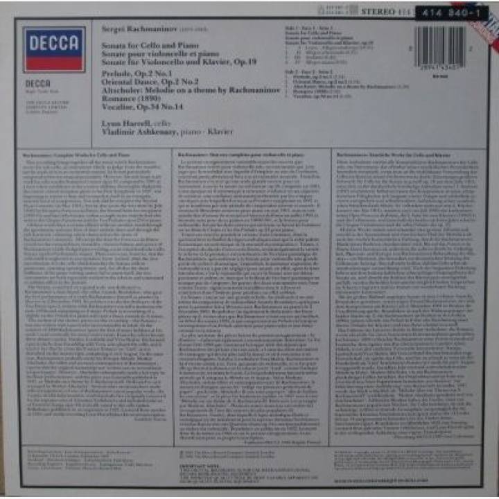 拉赫玛尼诺夫《g小调为大提琴和钢琴而作的奏鸣曲》 《前奏曲，升c小调为大提琴和钢琴而作（小品2首）》 /哈雷尔,阿什肯纳齐演奏